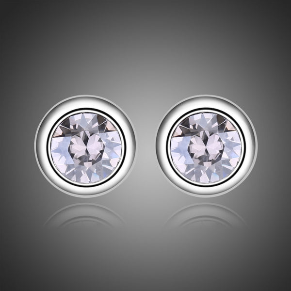 KHAISTA sparkling round crystal stud earrings on white background