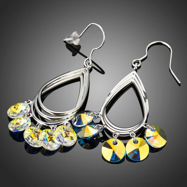 KHAISTA sparkly crystal drop hook earrings on white background