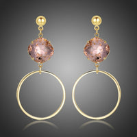 KHAISTA pink Austrian crystal square circle drop earrings on white background