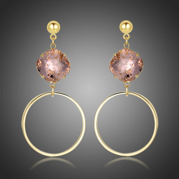 KHAISTA pink Austrian crystal square circle drop earrings on white background