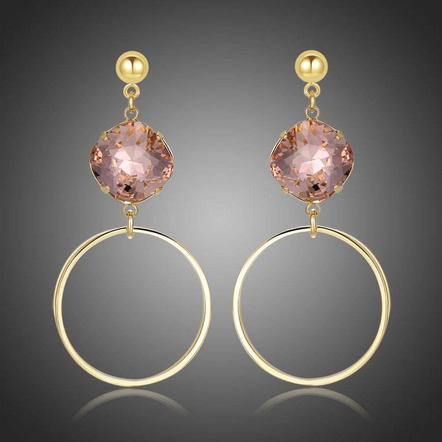 KHAISTA pink Austrian crystal square circle drop earrings on white background