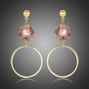 Square Pink Austrian Crystals Circle Drop Earrings -KFJE0413 - KHAISTA1