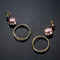pink Austrian crystal square circle drop earrings detail view by KHAISTA