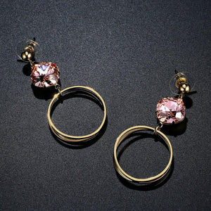 Square Pink Austrian Crystals Circle Drop Earrings -KFJE0413 - KHAISTA3