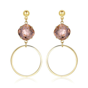 Square Pink Austrian Crystals Circle Drop Earrings -KFJE0413 - KHAISTA5