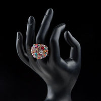 Detailed macro close up view of the brilliant stone settings on this premium multicolor crystal star ring