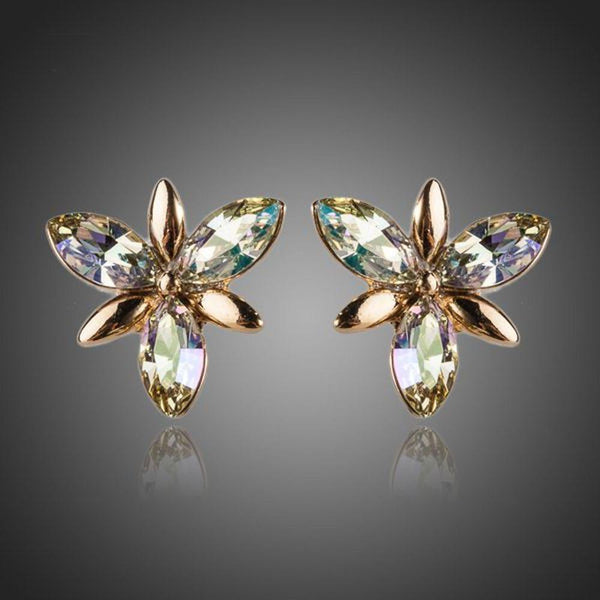 KHAISTA Stellux Austrian crystal flower stud earrings on white background