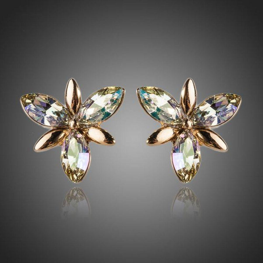KHAISTA Stellux Austrian crystal flower stud earrings on white background