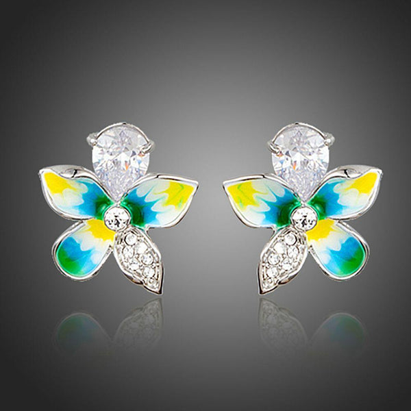 KHAISTA summer flower CZ stud earrings on white background
