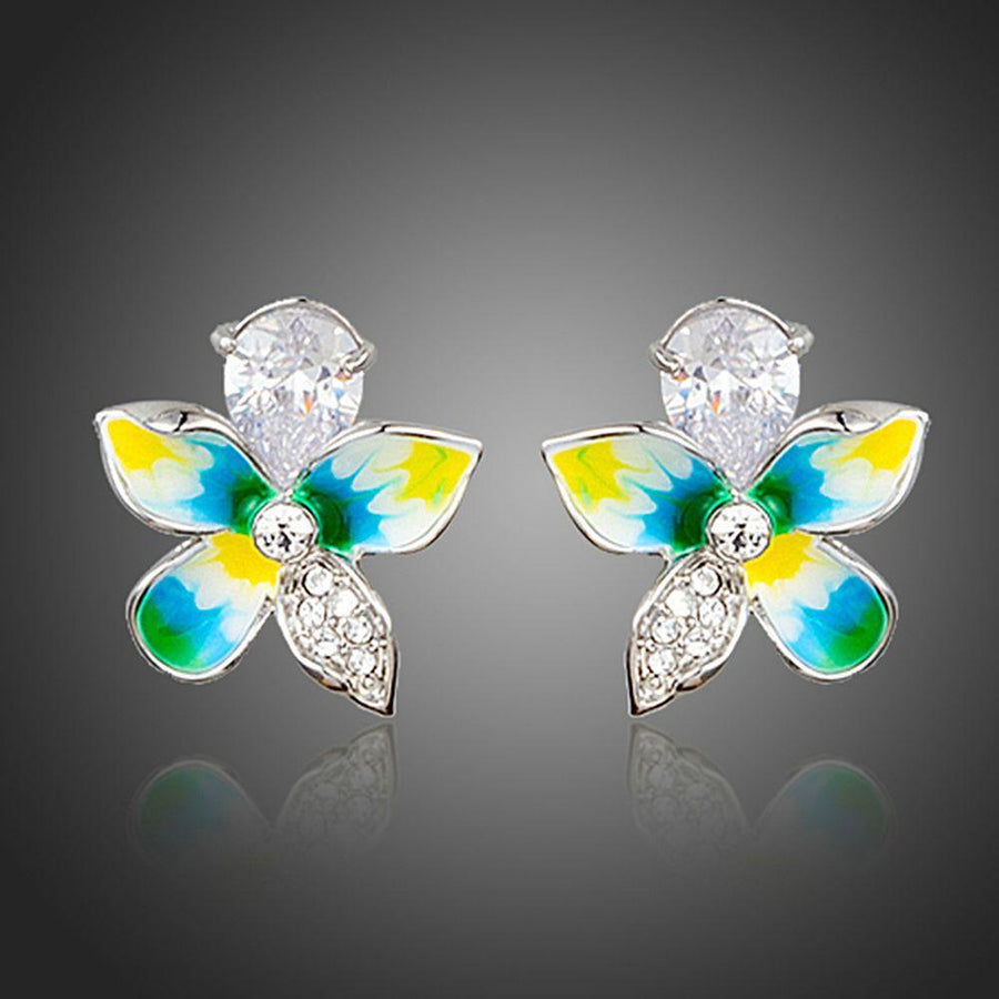 KHAISTA summer flower CZ stud earrings on white background