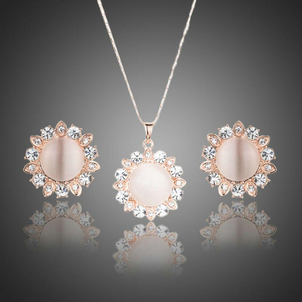 Khaista sun opal crystal stud earrings pendant set