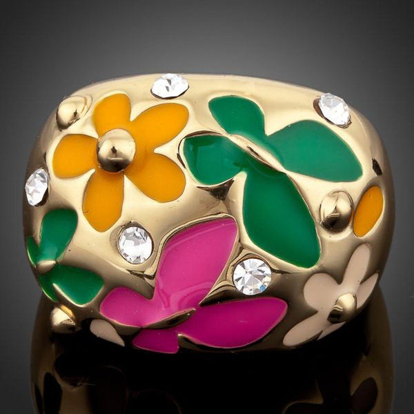 Premium luxury sunflower butterfly enamel ring design displayed on a clean white background