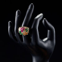 Side angle view highlighting the comfortable band silhouette of the luxury sunflower butterfly enamel ring