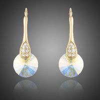 KHAISTA gold plated round crystal drop earrings on white background