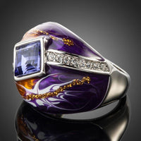 Detailed macro close up view of the brilliant stone settings on this premium artisan crystal wedding ring