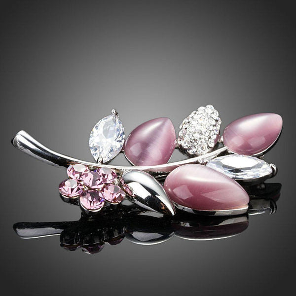 Khaista white and pink crystal leaf brooch on white background
