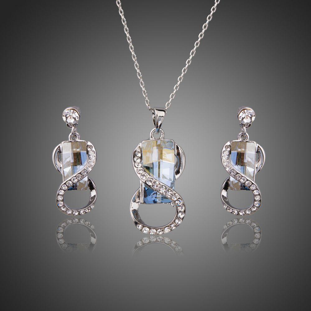 White Gold Color Big Blue Crystal with Necklaces & Earring Jewelry Set - KHAISTA Fashion Jewellery