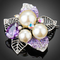 KHAISTA white gold purple CZ pearl flower brooch