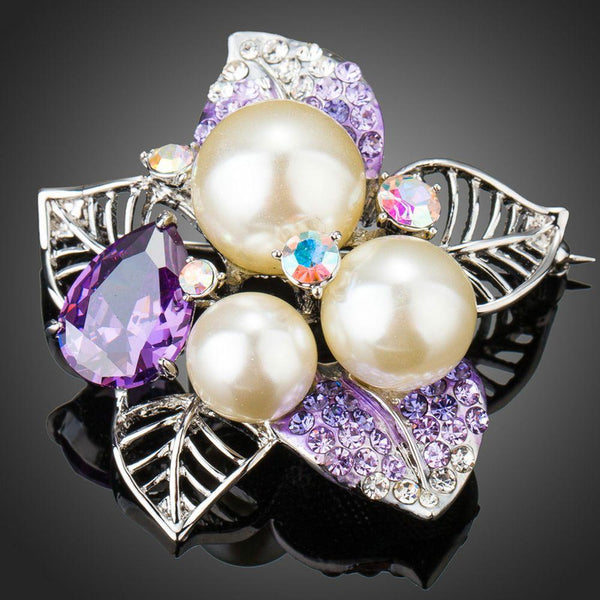 KHAISTA white gold purple CZ pearl flower brooch
