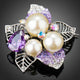 White Gold Purple CZ and Pearl Flower Brooch
