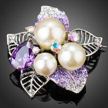 Load image into Gallery viewer, White Gold Color Purple Cubic Zirconia Stimulated Pearl Flower Brooch - KHAISTA Fashion Jewellery
