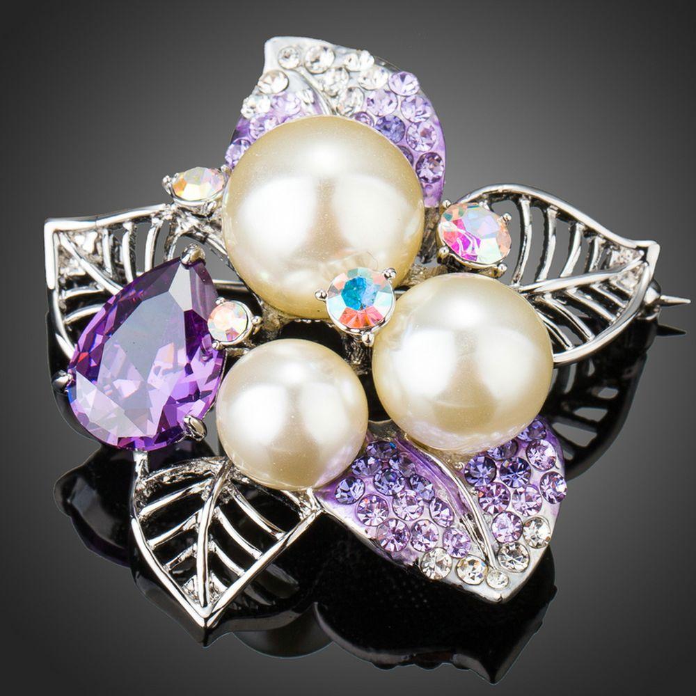White Gold Color Purple Cubic Zirconia Stimulated Pearl Flower Brooch - KHAISTA Fashion Jewellery
