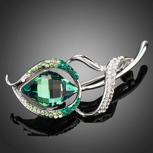 White Gold Flower Shape Brooch With Green Crystals - KHAISTA Fashion Jewellery