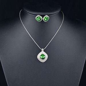 White Gold Green Rectangular Stellux Crystal Hoop Earrings and Necklace Set - KHAISTA Fashion Jewellery