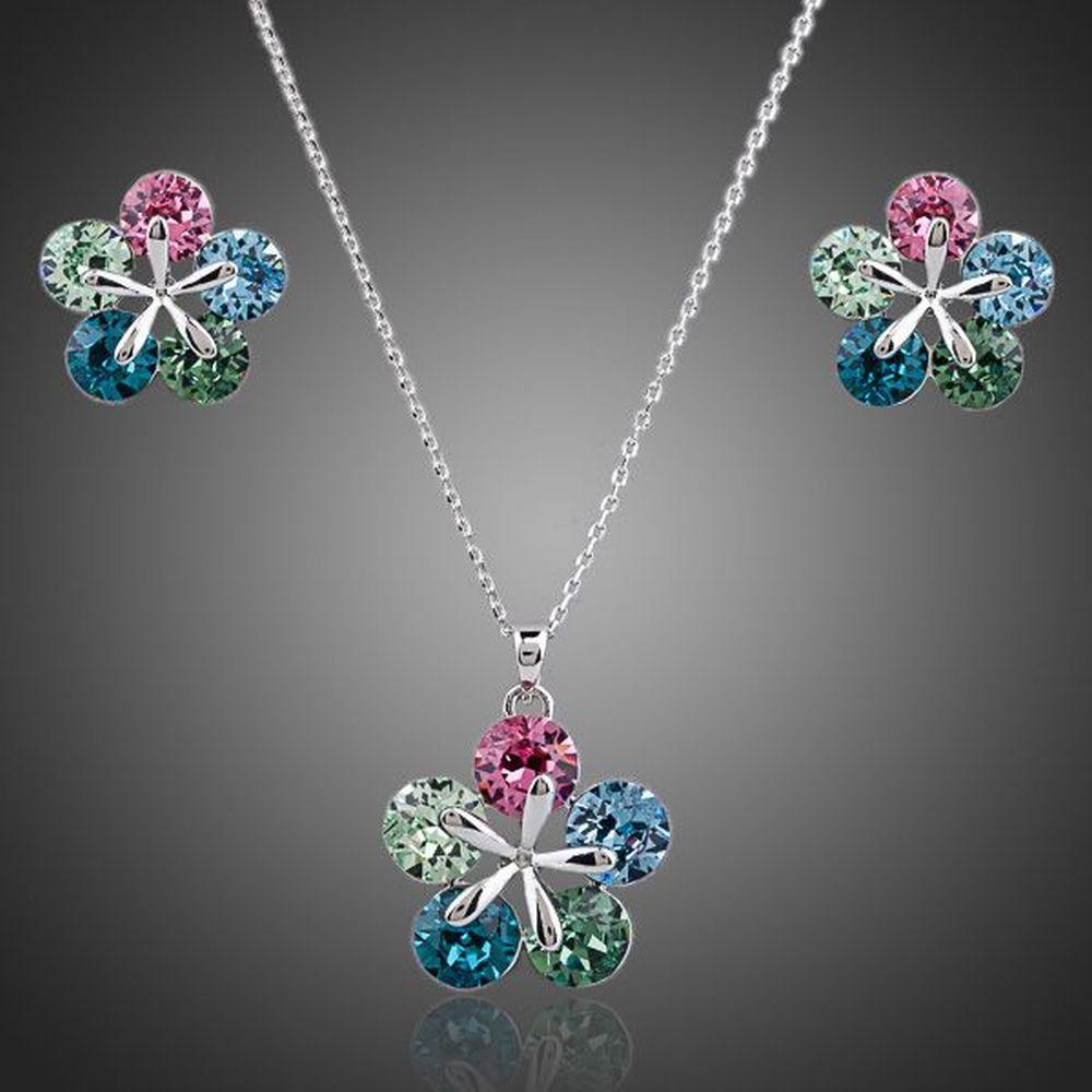 White Gold Multi Color Flower Stellux Austrian Necklace and Earrings Set - KHAISTA Fashion Jewellery
