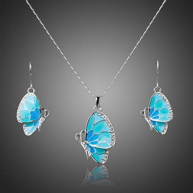 White Gold Stellux Austrian Crystal Butterfly Drop Earrings + Necklace Set - KHAISTA Fashion Jewellery