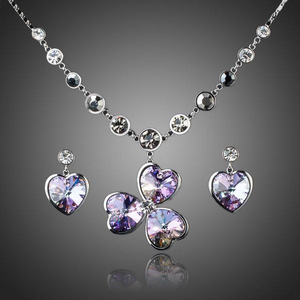 White Gold Stellux Austrian Crystal Heart Drop Earrings and Flower Pendant Set - KHAISTA Fashion Jewellery