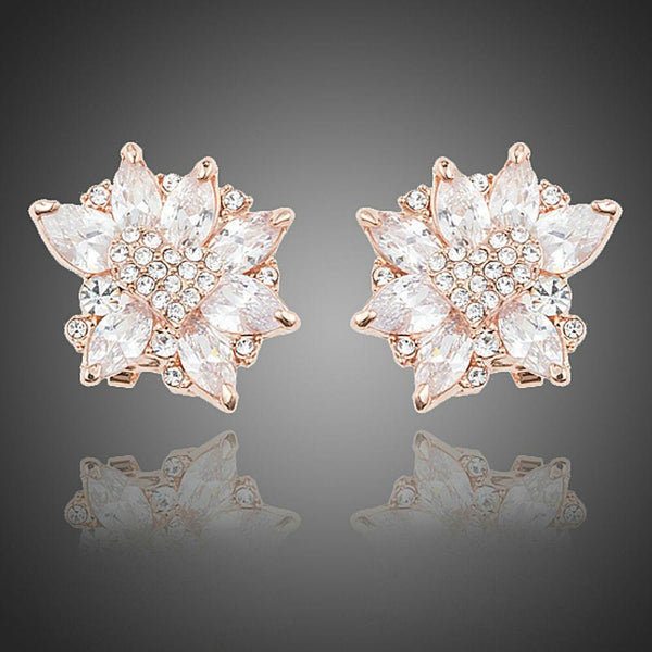 KHAISTA white rose CZ stud earrings on white background