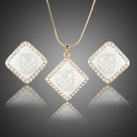Khaista white square owl print crystal necklace earrings set