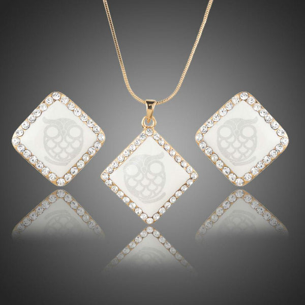 Khaista white square owl print crystal necklace earrings set