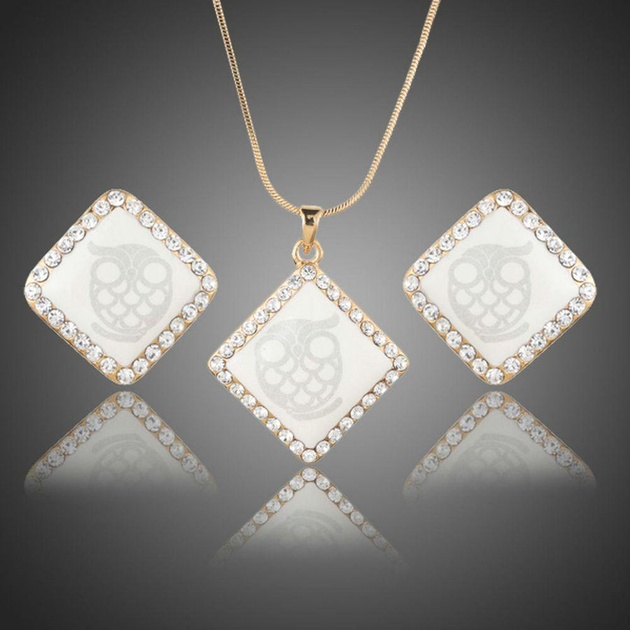 Khaista white square owl print crystal necklace earrings set