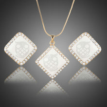 Load image into Gallery viewer, White Square Owl Print Necklace + Earrings Set - KHAISTA Fashion Jewellery
